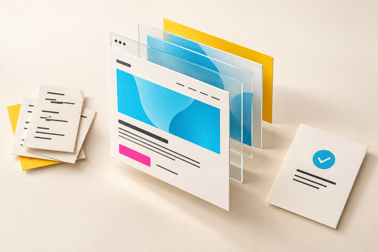 Illustrative paper-and-glass website layers: research notes connect to an original page design and a checked page