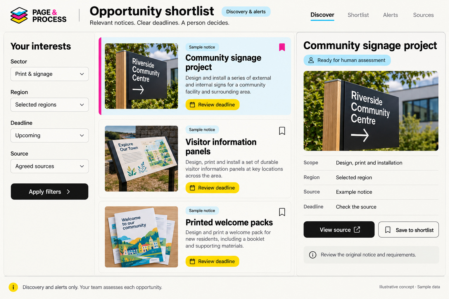 Illustrative opportunities shortlist filters sample notices by interests and region, shows deadlines and original sources, and leaves assessment to a person.