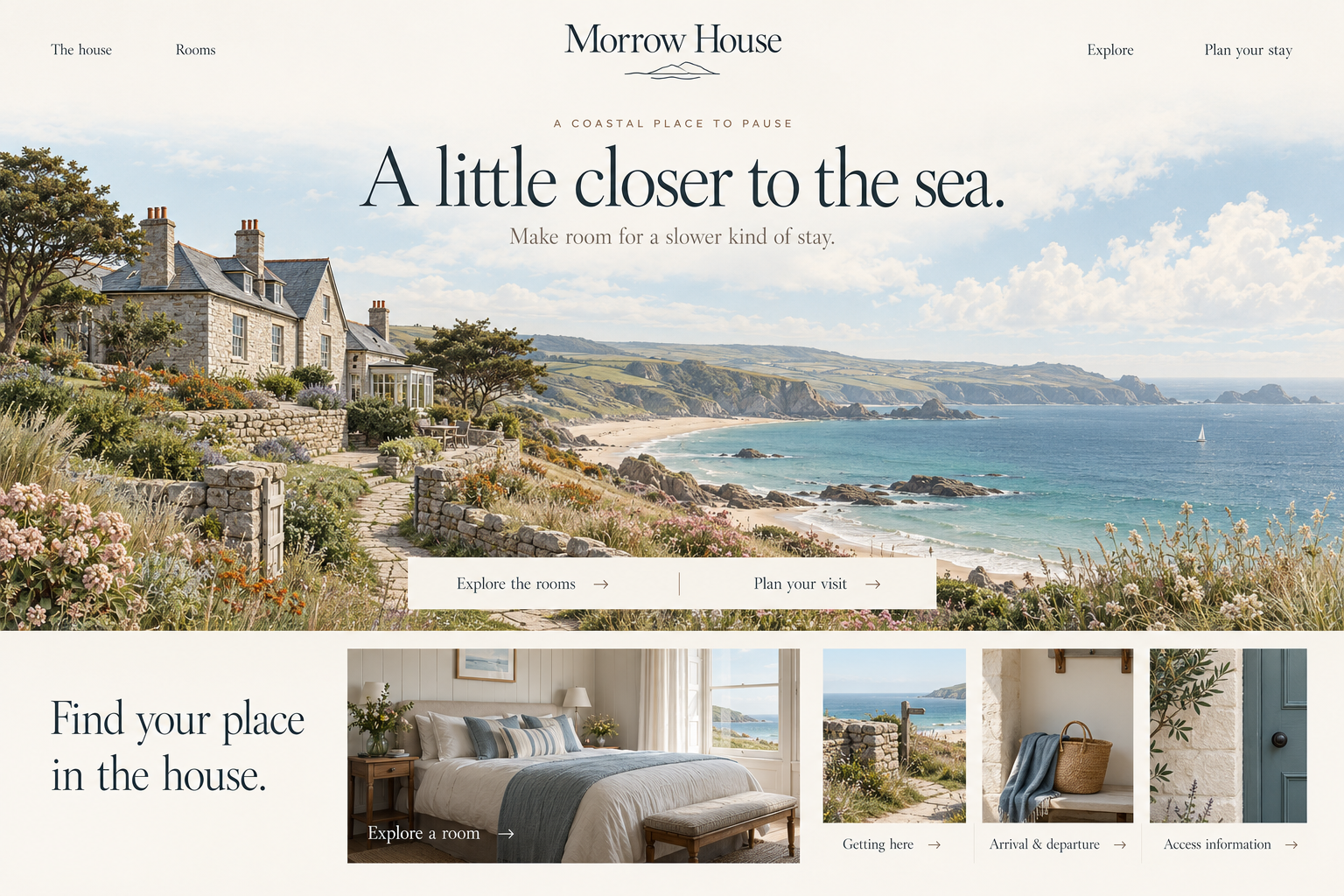 Morrow House website study: a coastal house and beach, editorial room photography and clear routes to plan a stay.