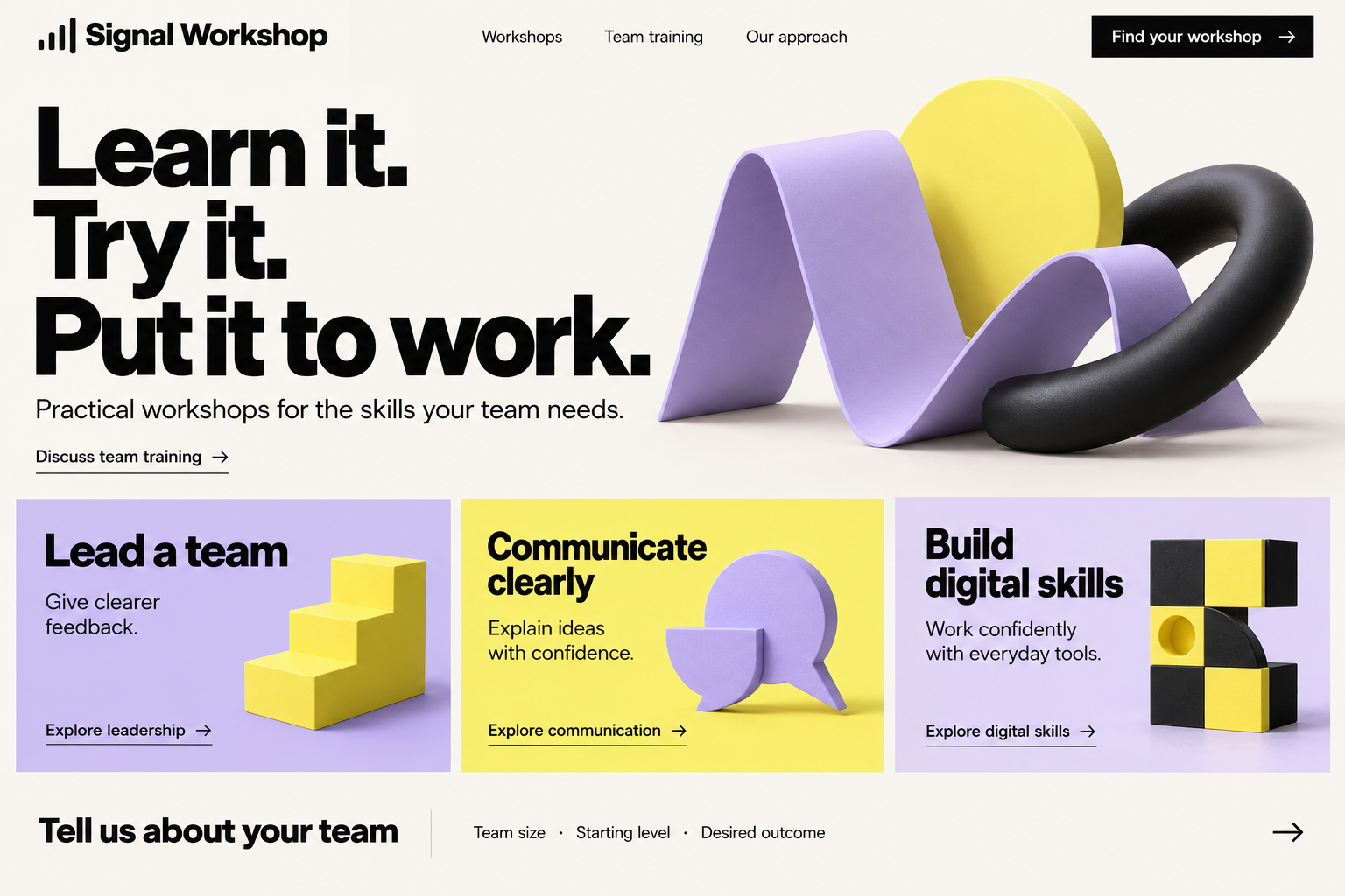 Signal Workshop website study: bold black typography, lavender and yellow geometric forms and three practical team training routes.