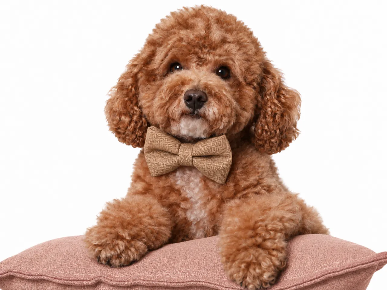 Poppy, a curly-coated brown dog in a light brown bow tie, resting on a dusty rose linen cushion with stitched piping