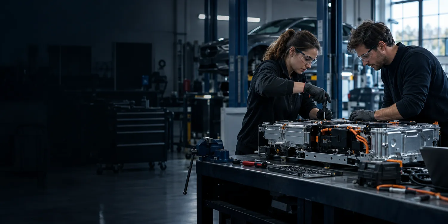Automotive engineers testing an electric-vehicle component on a workshop bench.