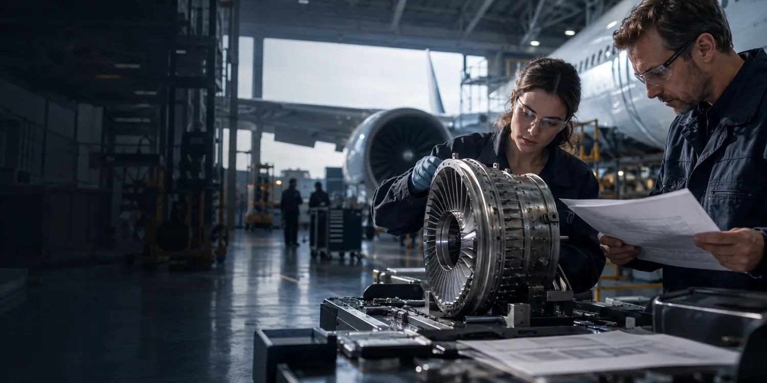 Aerospace quality engineers inspecting a precision aircraft component and traceability records.