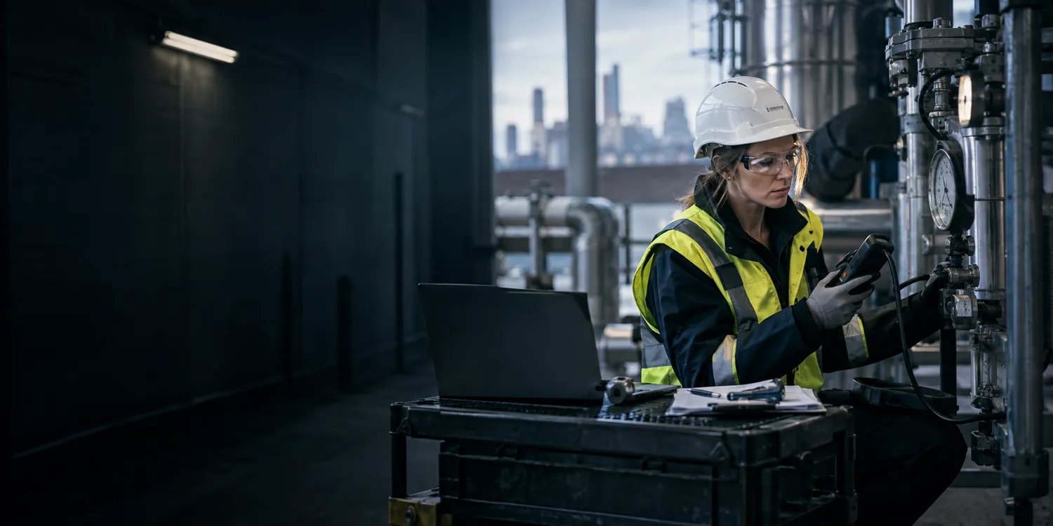 Inspection technician conducting a calibrated equipment test and preparing a client report.