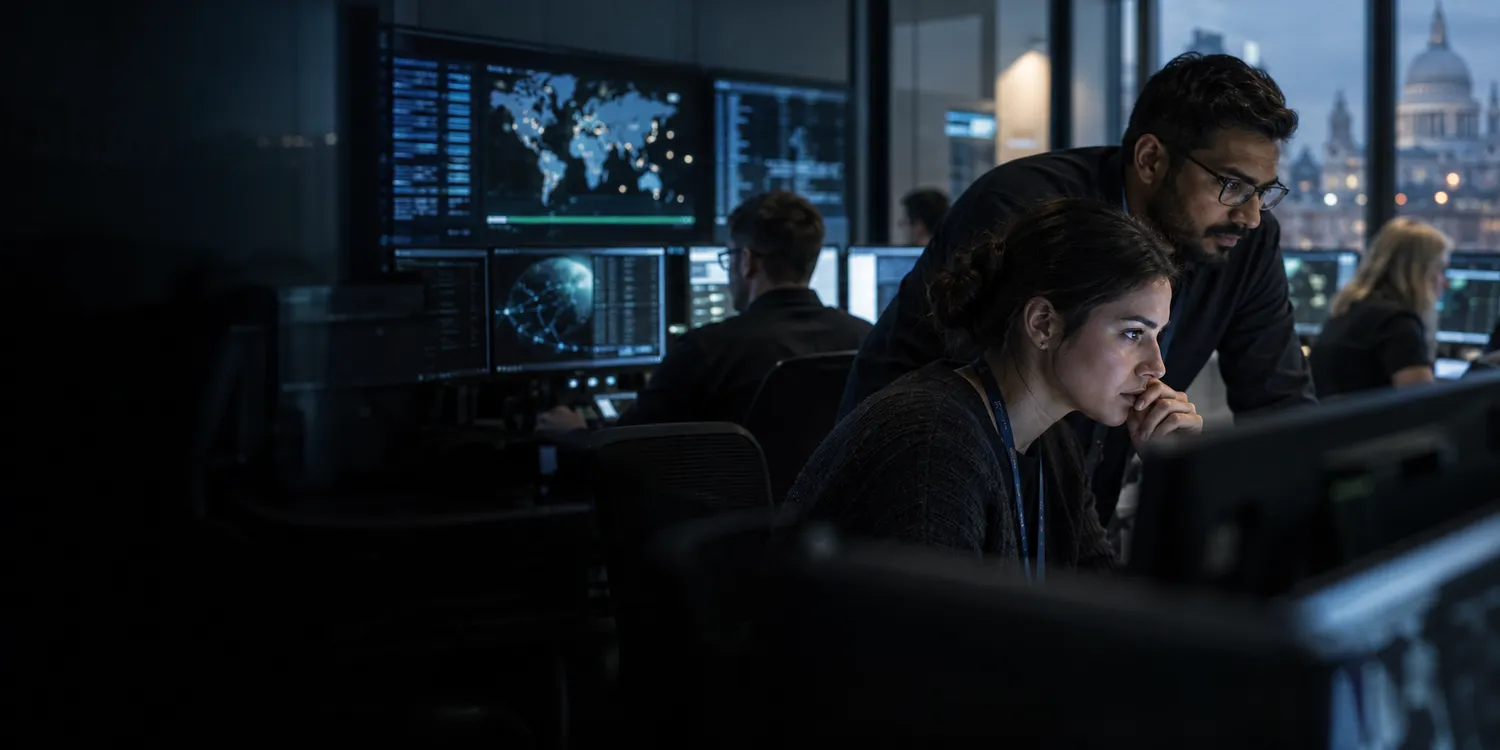 Cybersecurity analyst and incident responder investigating alerts in a secure operations centre.