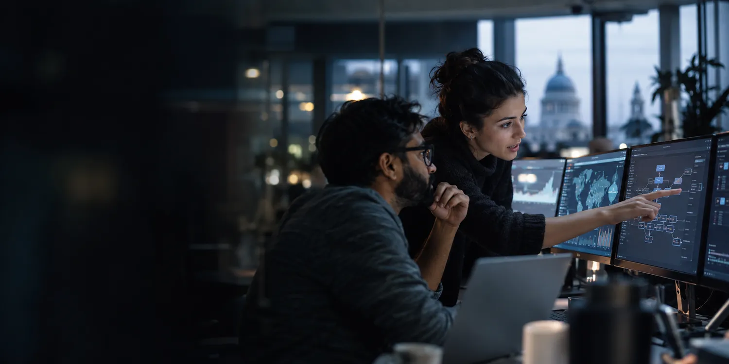 Data analyst and domain specialist reviewing data lineage and a decision dashboard together.
