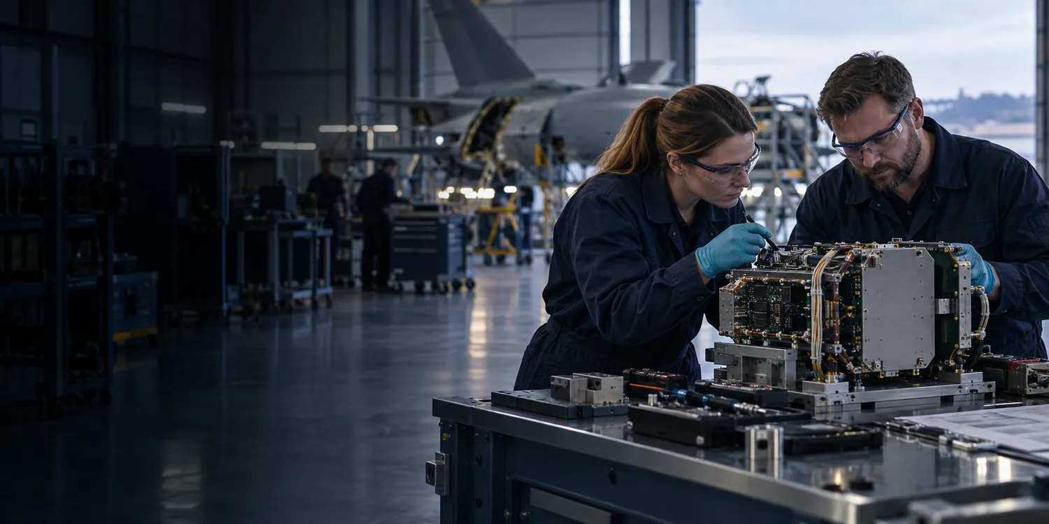 Defence supply-chain engineers inspecting a precision electronic module in a secure British industrial workshop.