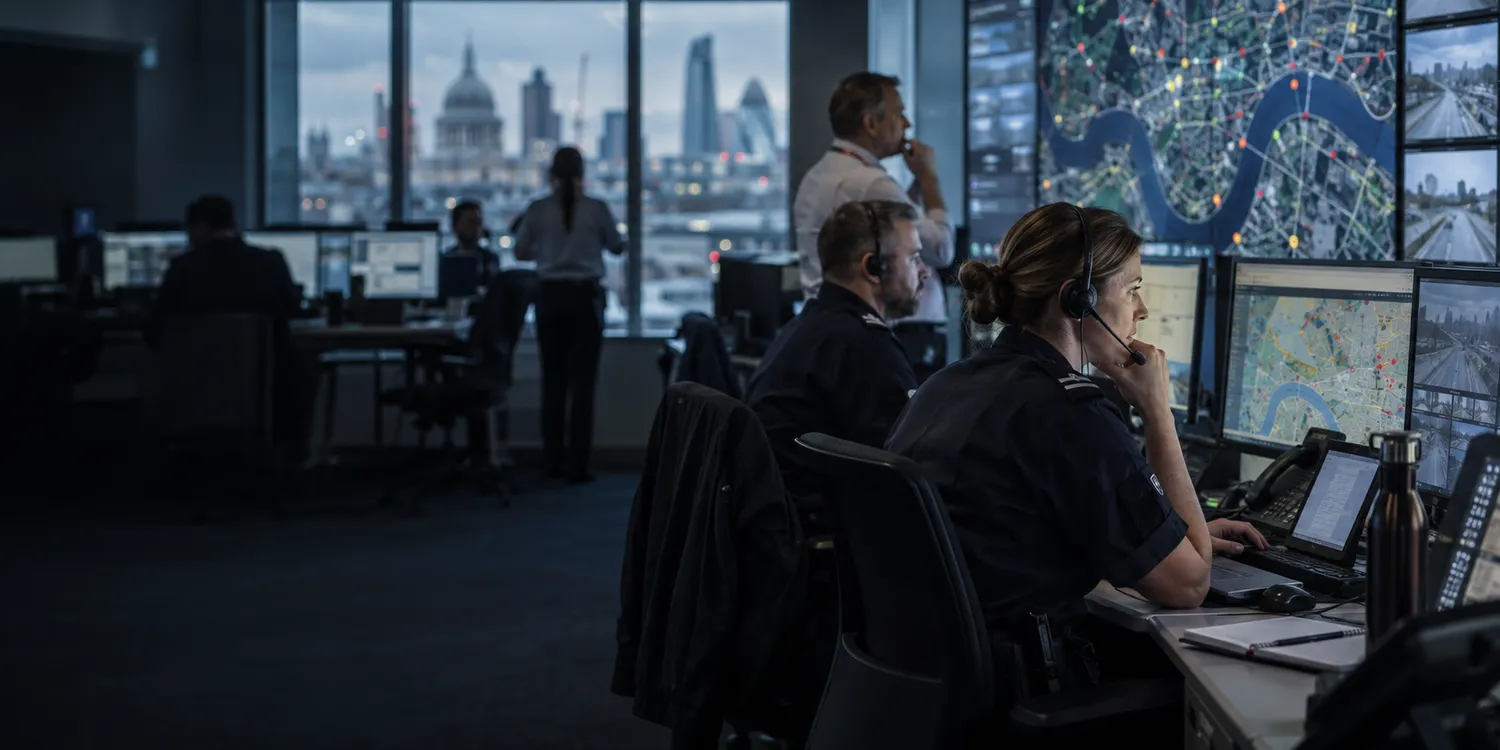 Multi-agency emergency dispatch professionals coordinating an incident in a UK control room.