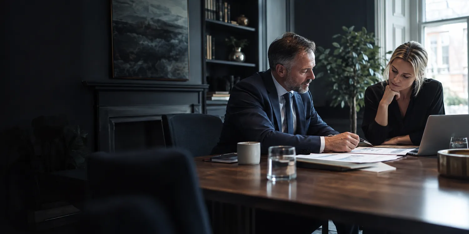 Financial adviser and client reviewing service scope and financial documents in a private meeting room.