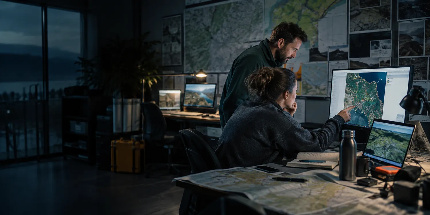 Geospatial analysts comparing map layers and field survey data in a mapping studio.