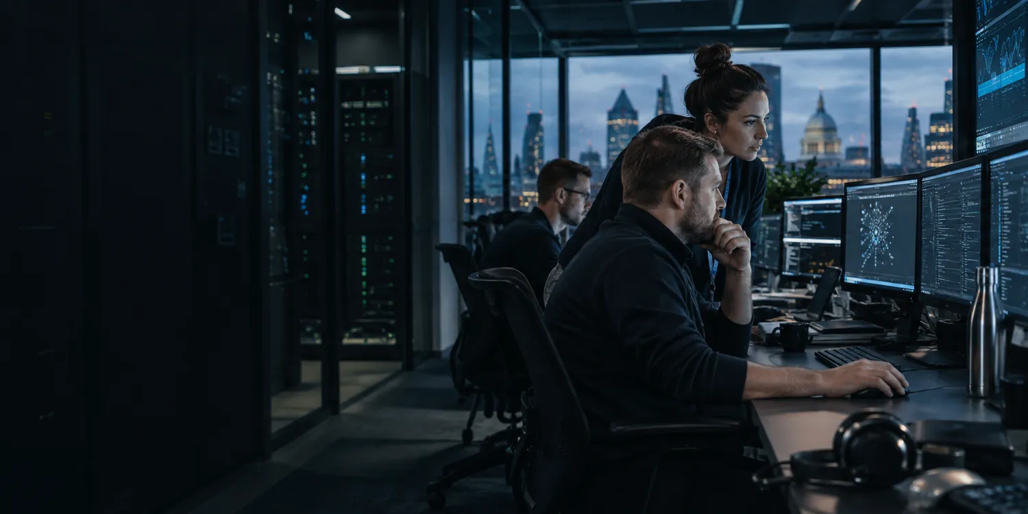 Managed IT engineers monitoring client infrastructure in a realistic operations workspace.