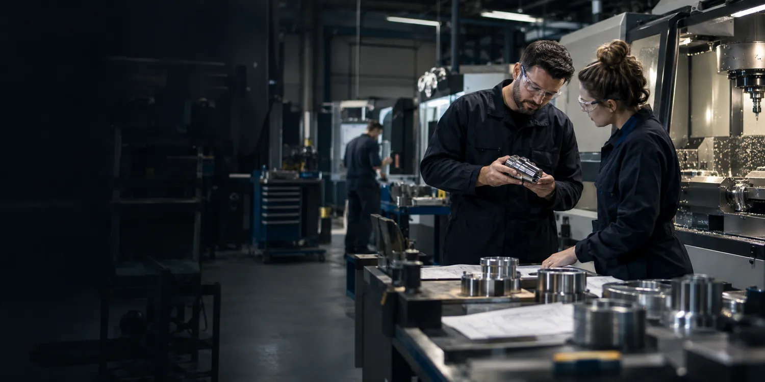 Manufacturing engineers checking machined parts, tolerances and production equipment on a factory floor.