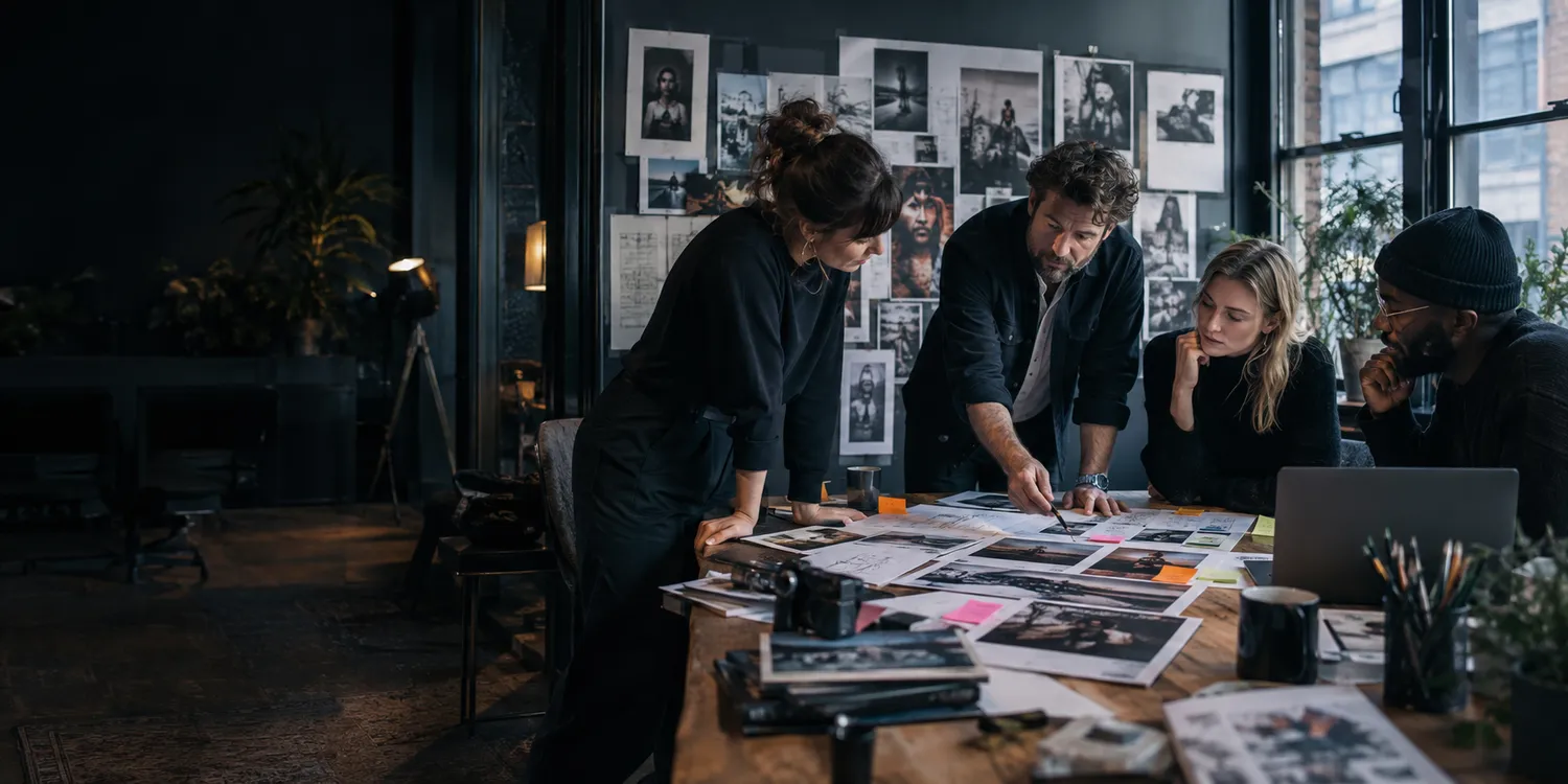 Creative agency team shaping a campaign storyboard and audience plan in a working studio.