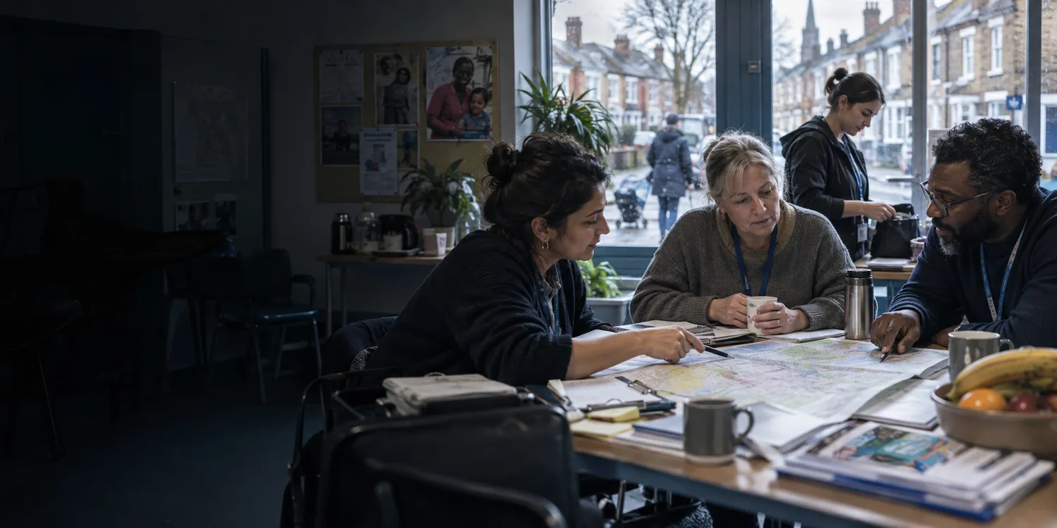 Public-health outreach workers planning a local community programme with maps and appointment materials.
