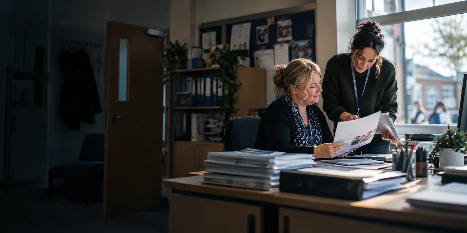 School administrator and teacher preparing accessible admissions and family information in a UK school office.