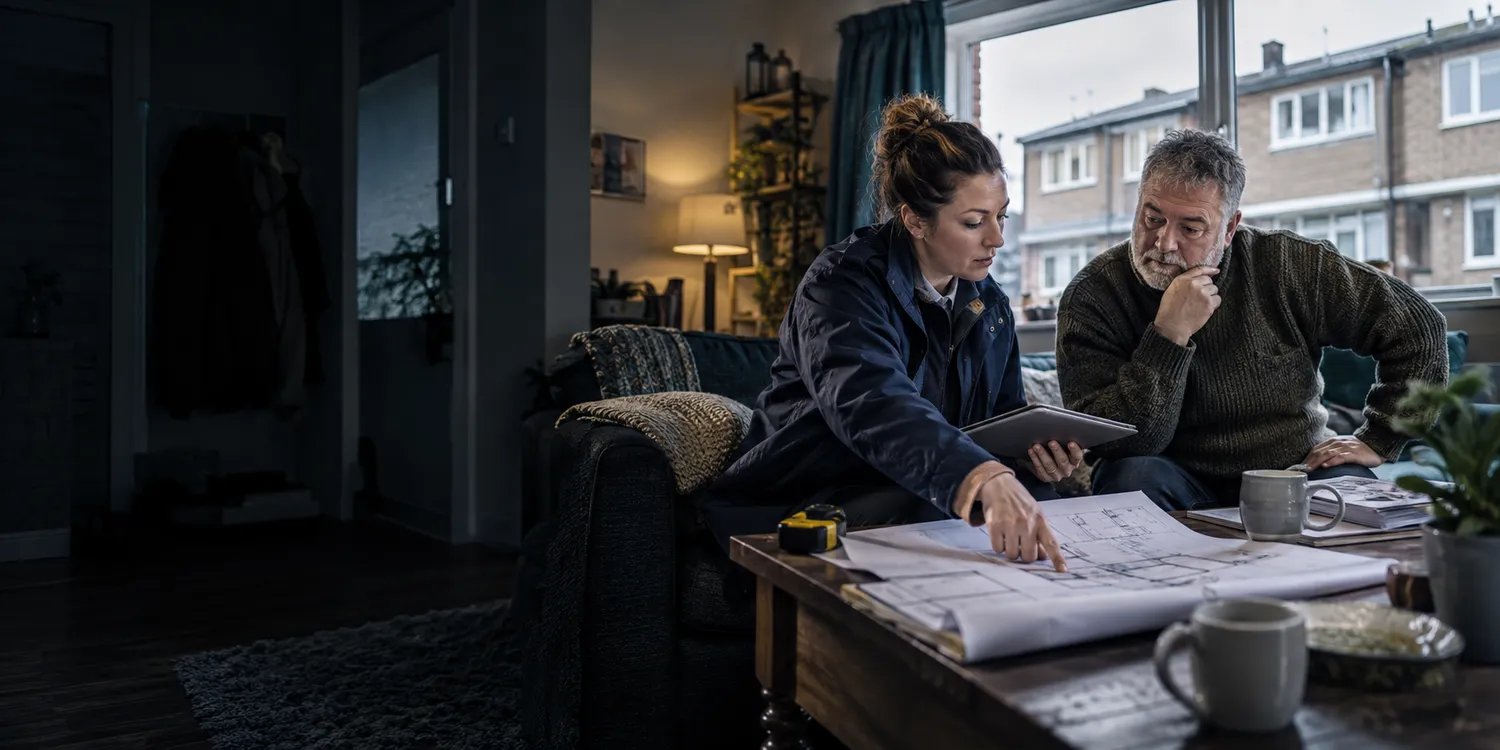 Housing association service officer reviewing a repair request and building plan with a resident.